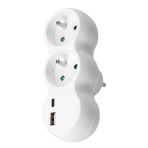 Solight rozbočka s USB A+C nabíječkou, 2 x 10A, bílá P100USBC