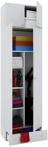 VCM Úklidová skříňka Vandol ll s dvířky, horním uchycením, zásuvkou, bílá