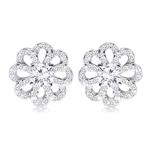 Rhodiované stříbrné náušnice 925 - kvítek s třpytivými okvětními lístky a čirým zirkonem