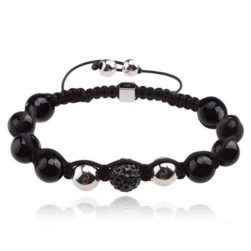 Náramek Shamballa, černá zirkonová kulička, matné černé korálky