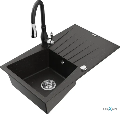 MEXEN/S Cesar granitový dřez 1 s odkapávačem včetně baterie Savita, černá/zlatá metalik 6514-75-672601-70