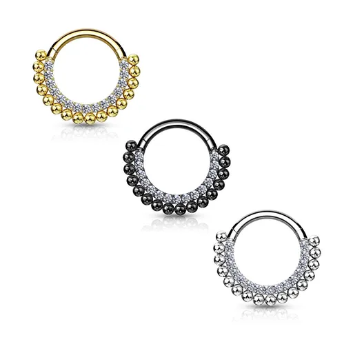 Kulatý piercing do nosu z oceli 316L - půlkruh zdobený drobnými zirkony, lesklé kuličky, 6 mm - Barva: Černá