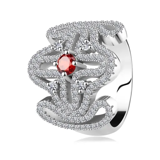 Masivní prsten, stříbro 925, červený zirkonek, rozsáhlý ornament - kříž - Velikost: 59