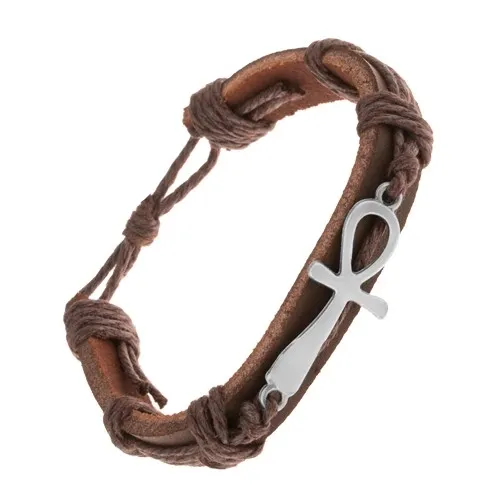 Tmavohnědý kožený náramek se šňůrkami, nilský kříž stříbrné barvy