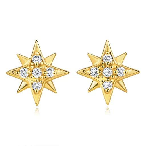 Náušnice ze žlutého zlata 585 - asymetrická hvězda, čiré zirkony, puzetky