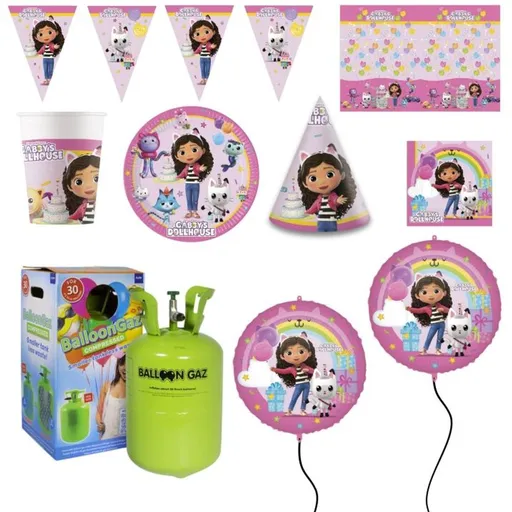 Dětská narozeninová sada Gábinin kouzelný domeček - Gabby's Doll house s balónky a heliem - 10 osob - VYPRODEJ