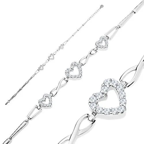 Stříbrný náramek 925, lesklé články, čiré zirkonové obrysy srdíček