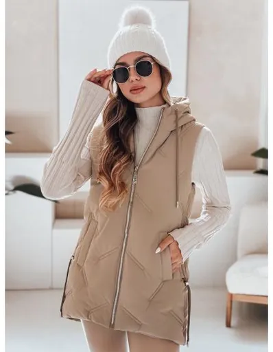 Dámská prošívaná vesta s kapucí kamelová