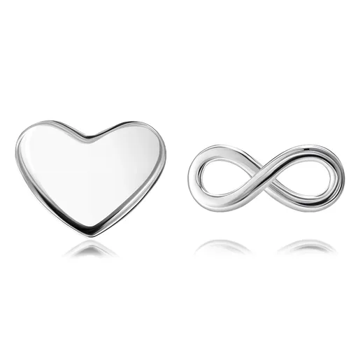Stříbrné náušnice 925 - lesklé srdce a symbol nekonečna