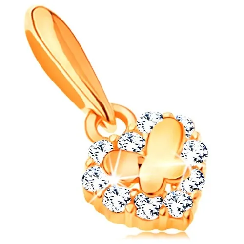 Zlatý přívěsek 585 - malé blýskavé srdíčko se zirkony a lesklý motýlek