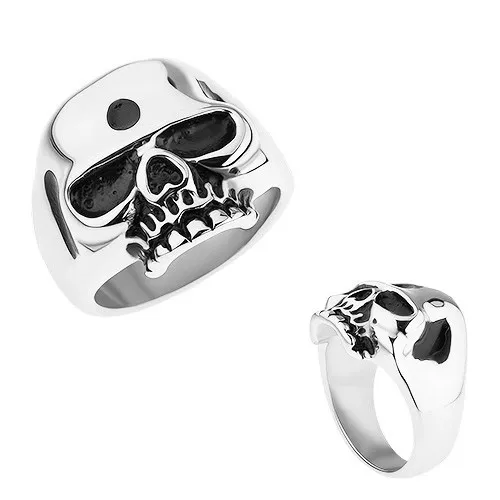 Prsten z oceli 316L, stříbrná barva, lesklá lebka, patinované části - Velikost: 66