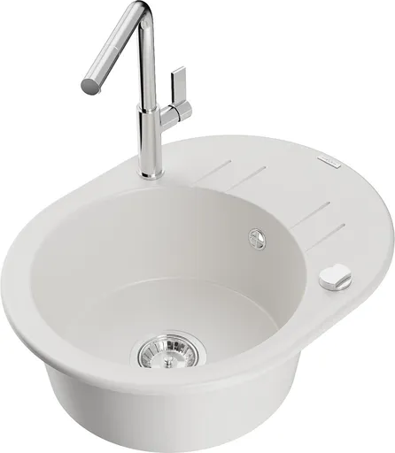 MEXEN/S Kevin granitový dřez 1-miska s odkapávačem včetně baterie Flora, bílá 6517-20-670401-00