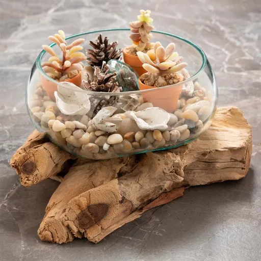 Foukaná skleněná miska na teakovém dřevě, 20 cm