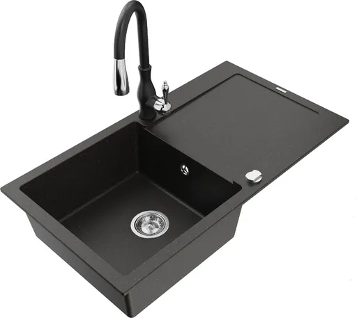 MEXEN/S Leo granitový dřez 1-miska s odkapávačem včetně baterie Savita, černá/zlatá metalik 6501-75-672601-70