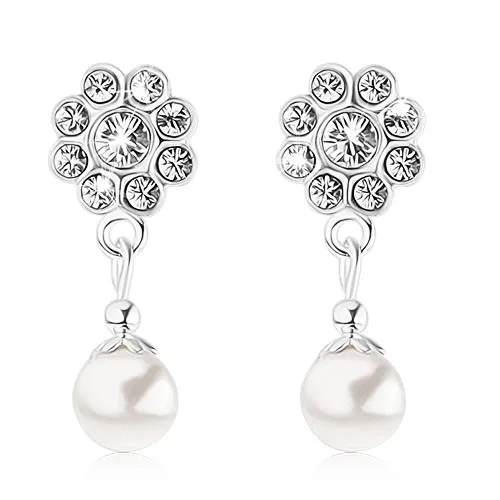 Puzetové náušnice, stříbro 925, kvítek z krystalů Swarovski, bílá perlička