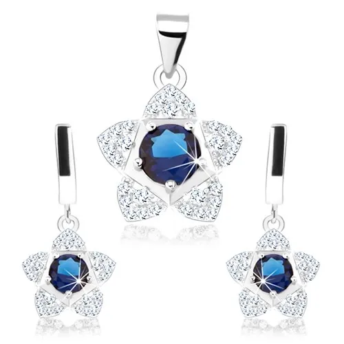 Sada, stříbro 925, přívěsek a náušnice, třpytivý květ, modrý zirkon