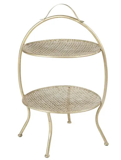 Zlatý 2-patrový kovový etažér s patinou Antique - Ø 45*67cm 76483