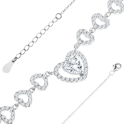 Stříbrný náramek 925, drobná očka řetízku, blýskavá srdce s čirými zirkony