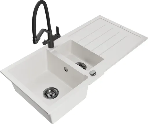 MEXEN/S Andres granitový dřez s odkapávačem včetně baterie Duo, bílá 6515-20-671701-70-B