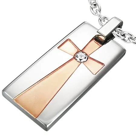 Přívěsek z chirurgické oceli - obdélník, kříž zlaté barvy s čirým zirkonem