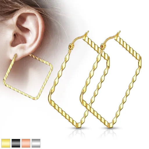 Náušnice z oceli 316L - čtverce s diagonálními vroubky, různé barvy, IP povrchová úprava - Barva: Černá