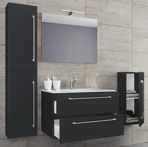 VCM 5dílná umyvadlová skříňka Badinos 2 zásuvky 80 cm se zrcadlem a střední/vysokou skříňkou, černá