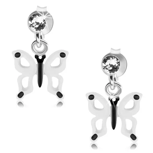 Náušnice ze stříbra 925, bíločerný motýlek s výřezy na křídlech, krystal