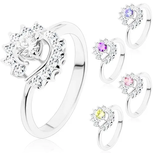 Prsten se zúženými rameny, kulatý broušený zirkon, čiré zirkonové oblouky - Velikost: 54, Barva: Světle fialová