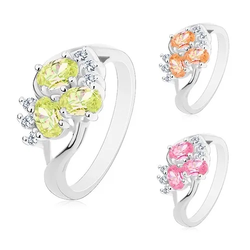 Prsten stříbrné barvy, rozdělená ramena, barevné ovály, čiré zirkonky - Velikost: 59, Barva: Světle oranžová