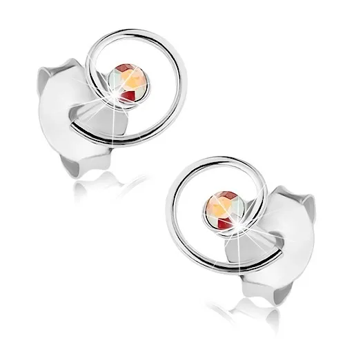 Stříbrné náušnice 925, lesklá spirála s duhovým krystalkem Swarovski