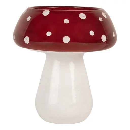Bílo-červený skleněný svícen na čajovou svíčku muchomůrka - Ø 8*9 cm Clayre & Eef