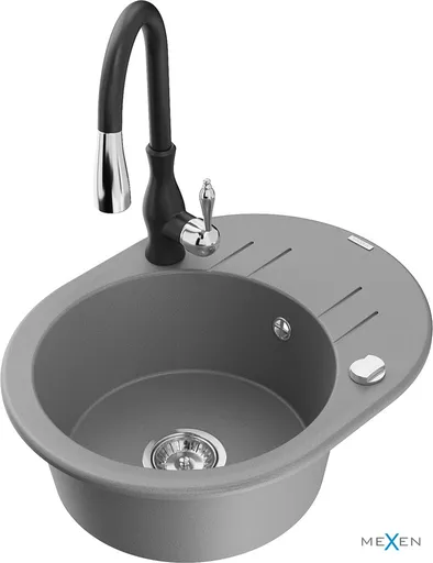 MEXEN/S Kevin granitový dřez 1 s odkapávačem včetně baterie Savita, šedá 6517-71-672601-70