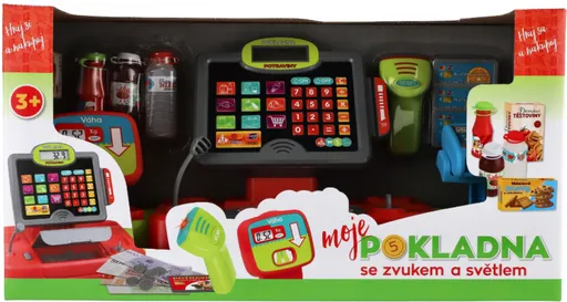 Pokladna velká digitální plast na baterie se zvukem se světlem v krabici 48x25x18cm