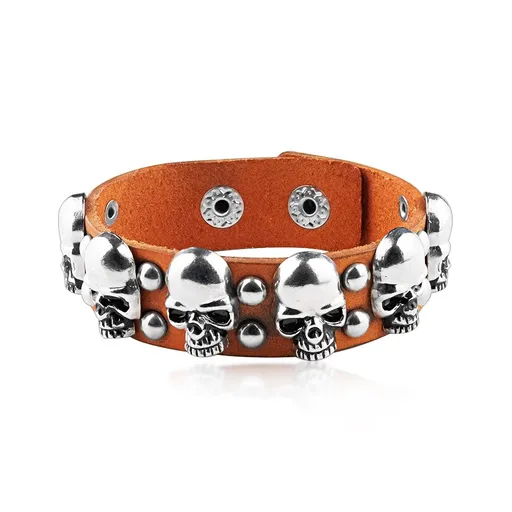 Náramek ze syntetické kůže, oranžovo-červená barva, lebky, vyrážecí nýty