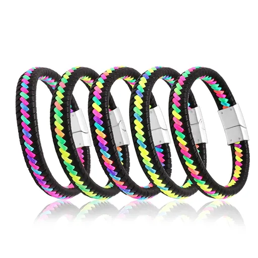 Černý kožený náramek - zapletené různobarevné šňůrky, zásuvné zapínání