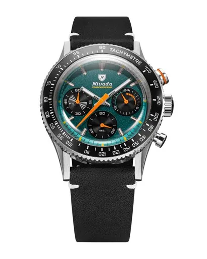 Nivada Grenchen Chronoking Mecaquartz Racing Green - Inter. Bezel - Black Leather White Stitching
