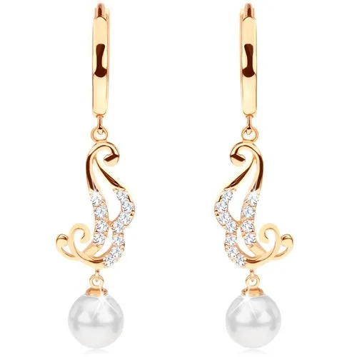 Náušnice ze žlutého 14K zlata - kroužek s visícím ornamentem a bílou perlou