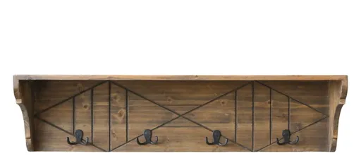 Hnědá antik dřevěná polička se 4 háčky Hooks - 91*20*23 cm 41064800