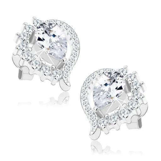 Náušnice, stříbro 925, asymetrický obrys slzy, broušený čirý zirkon