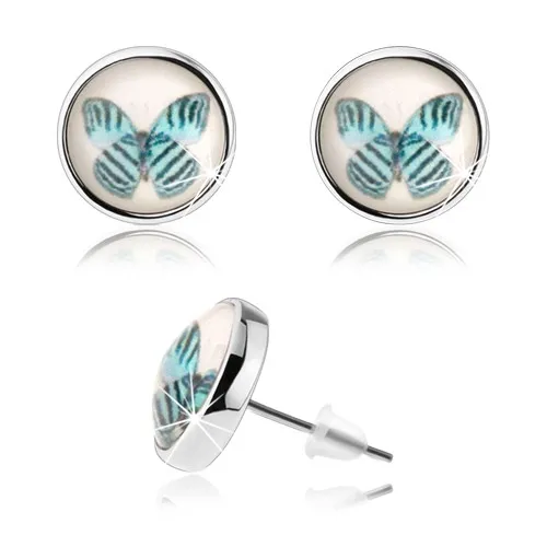 Náušnice cabochon, vypouklé sklo, modrý motýl s černými proužky, bílý podklad