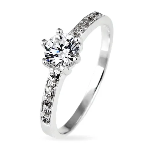 Stříbrný prsten 925 - kulatý zirkon v objímce a zirkonky po stranách - Velikost: 51