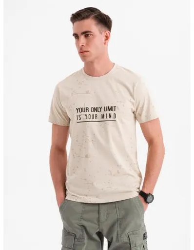 Pánské tričko s potiskem a kulatým výstřihem - krémové V2 OM-TSFP-0187