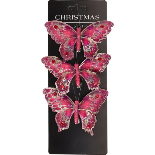 Sada vánočních ozdob Motýli, červená, 12x8x2cm, s klipem, SADA 3 KS