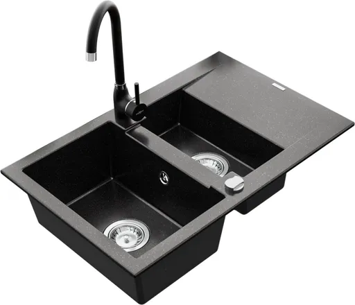 MEXEN/S Gaspar granitový dřez 1.5 s odkapávačem včetně baterie Telma, černá/stříbrný 6507-73-670200-70