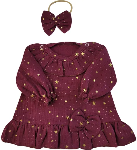 Z&Z Mušelínové šatičky s hvězdičkami + čelenka, bordó vel.  86