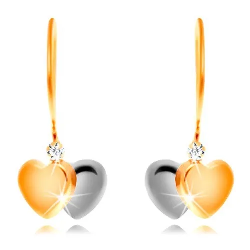 Náušnice ze 14K zlata - dvoubarevná srdíčka a čirý zirkon na háčku