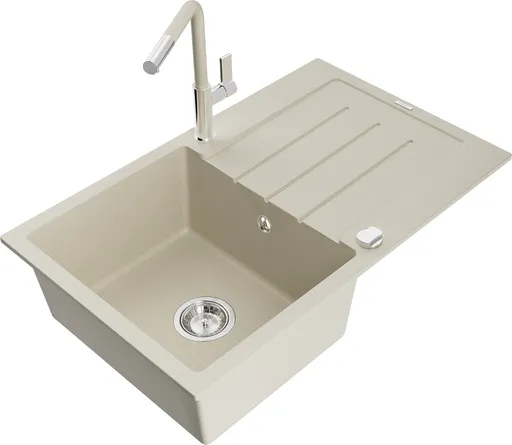 MEXEN/S Bruno granitový dřez 1 s odkapávačem včetně baterie Flora, béžová 6513-69-670401-09