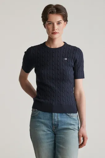 SVETR GANT STRETCH COTTON CABLE SS C-NECK EVENING BLUE