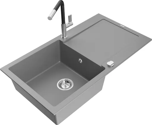 MEXEN/S Leo granitový dřez 1 s odkapávačem včetně baterie Flora, šedá 6501-71-670401-07