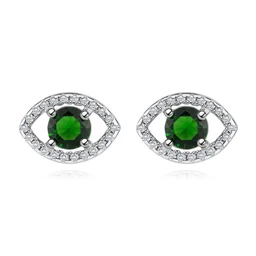 Náušnice ze stříbra 925, kulatý zelený zirkon v obrysu zrnka, rhodiované